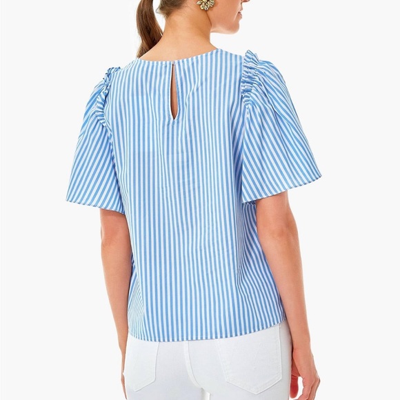 Pomander Place Tuckernuck Blue & White Striped Poplin Lightweight Ruffle Top S - Picture 4 of 14